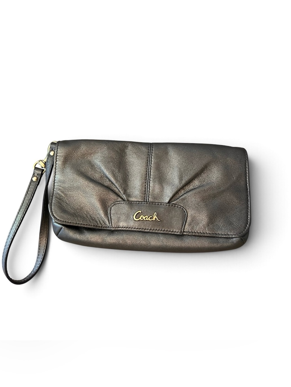 Coach Ashley Leather Bronze Tone Large Pleated Front Flap Wristlet Clutch Purse